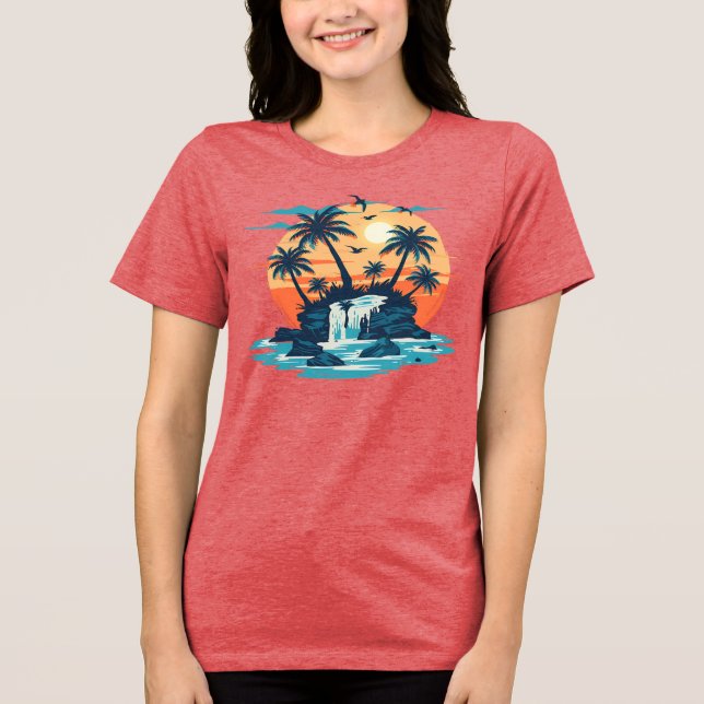 Tropical Sunset Waterfall Graphic T-Shirt Tri-Blend Shirt (Front)