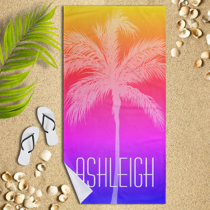 Tropical Sunset White Palm Personalised Beach Towel