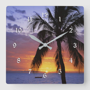 Tropical Sunset with Palm Tree Square Wall Clock