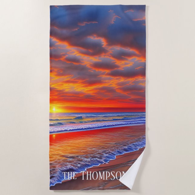 Tropical Sunset with Personalised Name Beach Towel (Front)
