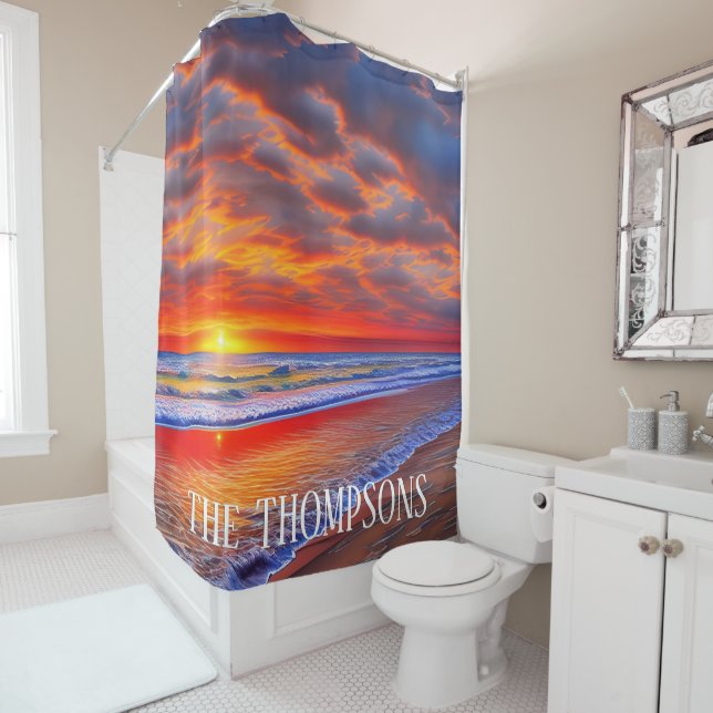 Tropical Sunset with Personalised Name Shower Curtain (In Situ)