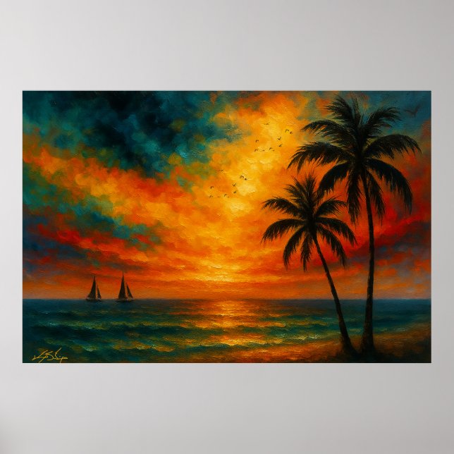 Tropical Sunset with Sailboats Poster (Front)