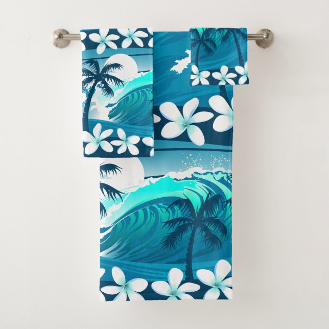 Tropical surf wave with palm trees bath towel set (Insitu)