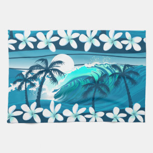 Tropical surf wave with palm trees tea towel