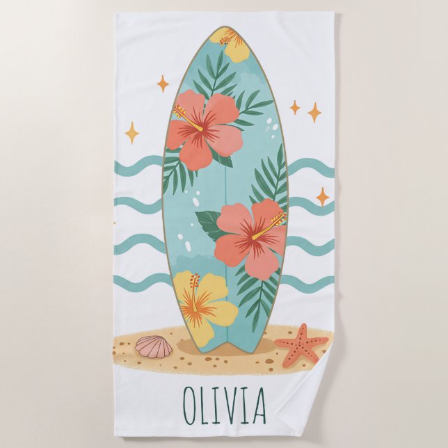 Tropical Surfboard – Hibiscus Dreams Beach Towel (Front)