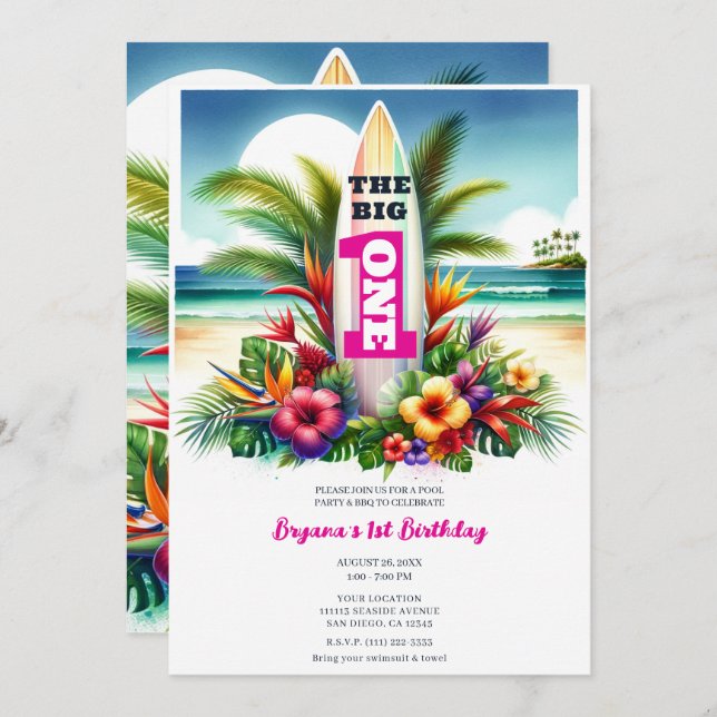 Tropical Surfboard The Big ONE 1st Birthday Party Invitation (Front/Back)