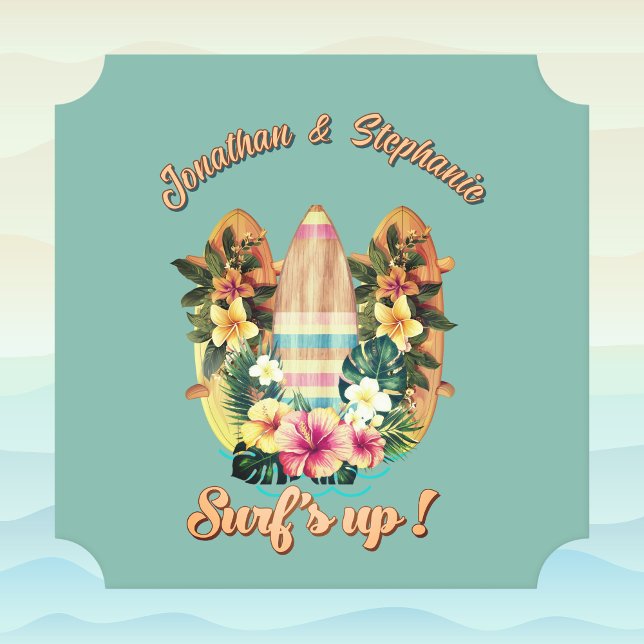 Tropical Surfboards Hawaiian Flowers Teal Monogram Paper Coaster (Creator Uploaded)