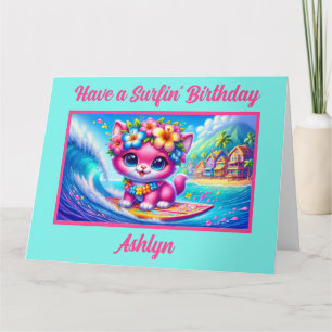 Tropical Surfing Pink Kitten Birthday Card