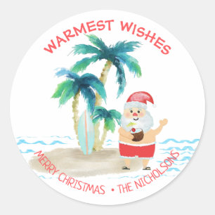 Tropical Surfing Santa Warmest Wishes Christmas Classic Round Sticker