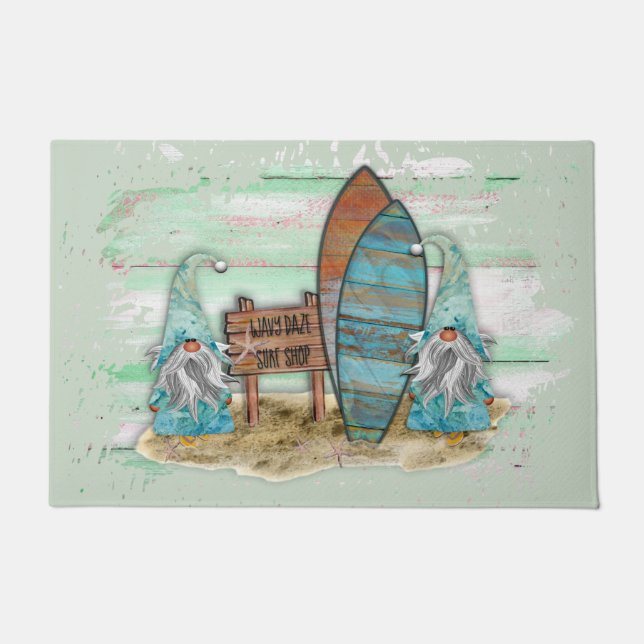Tropical Surfing Watercolor Beach Gnomes Doormat (Front)