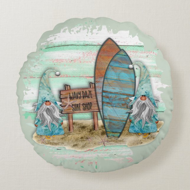 Tropical Surfing Watercolor Beach Gnomes Round Cushion (Front)