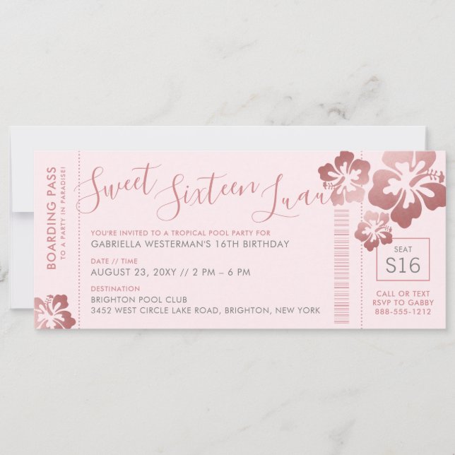 Tropical Sweet 16 Pool Luau Boarding Pass Invitation (Front)