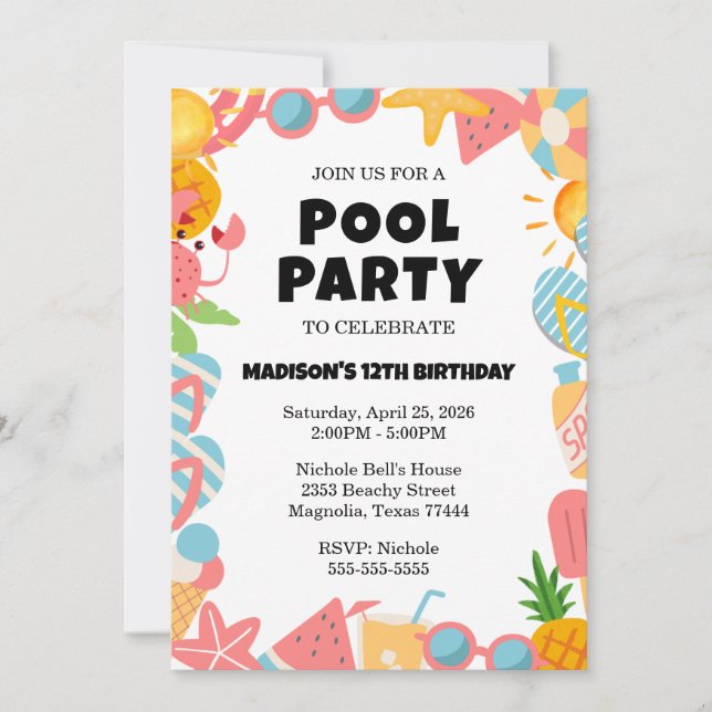 Tropical Swimming Pool Birthday Party Invitation (Front)