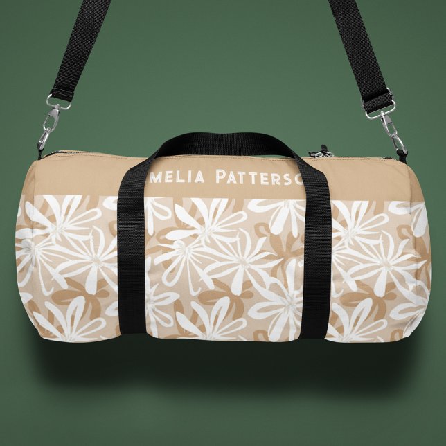 Tropical Tan White Floral Pattern Personalised Duffle Bag (Creator Uploaded)