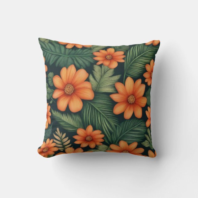 Tropical Tangelo: Vibrant Floral Oasis Cushion (Front)