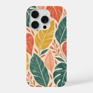 Tropical Teal and Coral Leaves on Cream iPhone 15 Pro Case