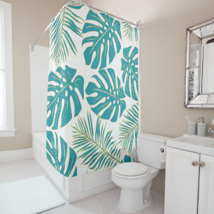 Tropical teal and gold monstera and palm leaves shower curtain