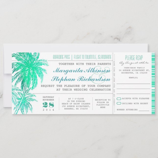Tropical teal beach wedding tickets -boarding pass invitation (Front)
