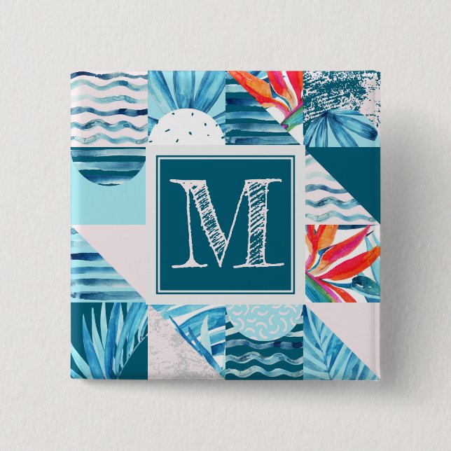 Tropical Teal Geometric Abstract Pattern 15 Cm Square Badge (Front)