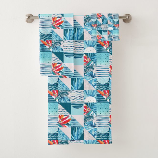 Tropical Teal Geometric Abstract Pattern Bath Towel Set (Insitu)