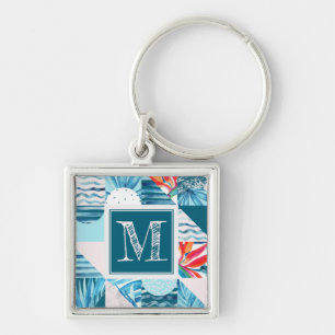 Tropical Teal Geometric Abstract Pattern Key Ring
