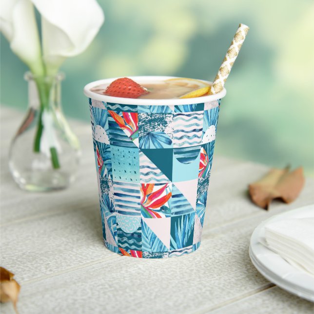 Tropical Teal Geometric Abstract Pattern Paper Cups (Insitu)