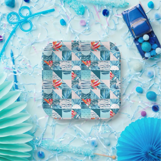 Tropical Teal Geometric Abstract Pattern Paper Plate (Party)