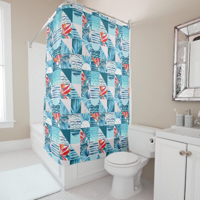 Tropical Teal Geometric Abstract Pattern Shower Curtain (In Situ)