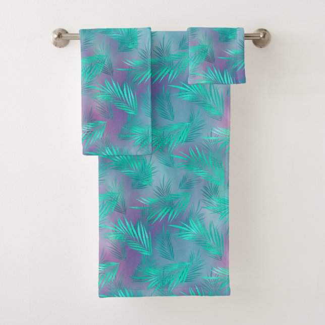 Tropical Teal Leaves Graphic Bath Towel Set (Insitu)