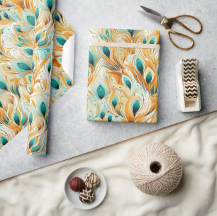 Tropical Teal Mint Orange Peacock Feathers  Wrapping Paper