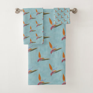 Tropical Teal Modern Bird of Paradise Hand-Drawn Bath Towel Set