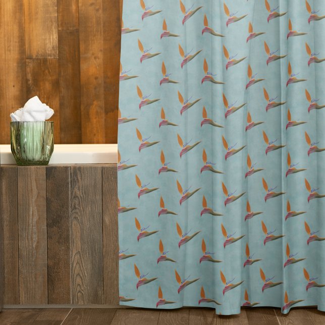 Tropical Teal Modern Bird of Paradise Hand-Drawn Shower Curtain (Creator Uploaded)