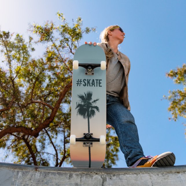 Tropical Teal & Orange Palm Tree Sunset Custom Skateboard (Outdoor 1)