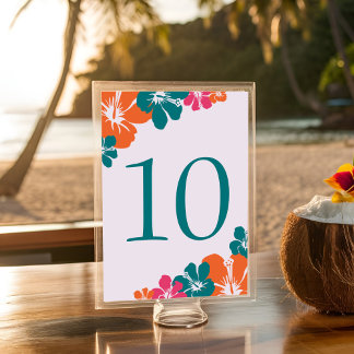 Tropical Teal Orange Pink Hibiscus Wedding Table Number