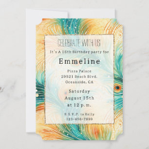Tropical Teal Peach Orange Peacock Feathers Invitation