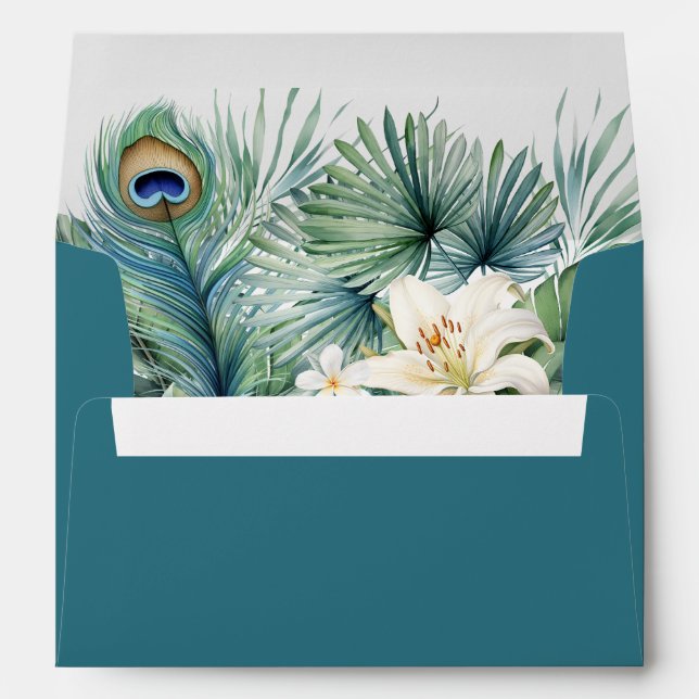 Tropical Teal Peacock Feather Wedding Envelope (Back (Bottom))