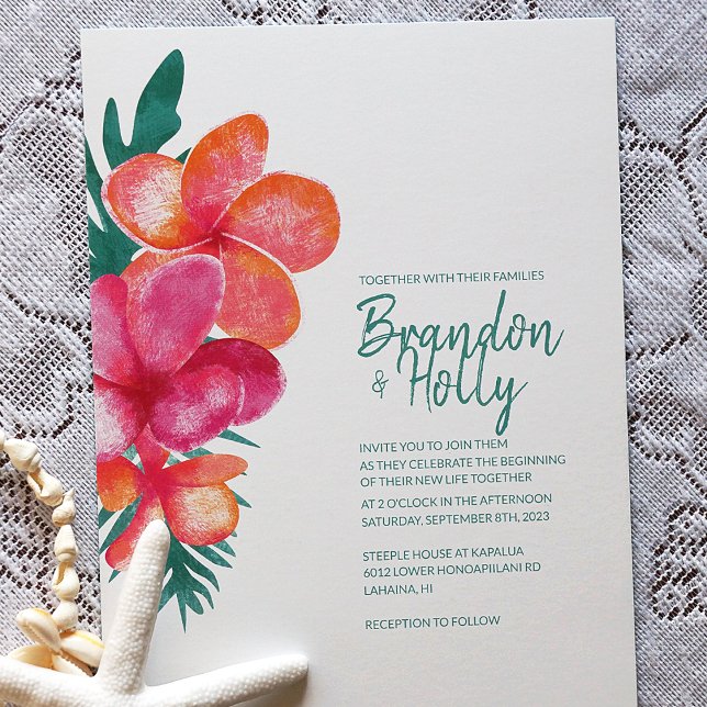 Tropical Teal Pink Coral Flower Wedding Invitation (Tropical Coral and Pink Plumeria Wedding Invitations )