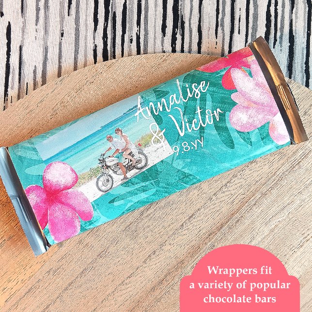 Tropical Teal, Pink Wedding Candy Bar Wrapper (tropical wedding party favor candy bar wrapper, pink plumeria flowers turquoise leaves, budget label)