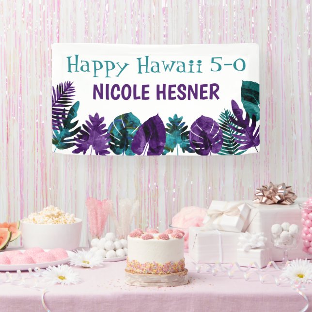Tropical Teal Plum Purple Hawaii 5-0 50th Birthday Banner (Party)