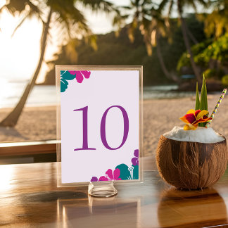 Tropical Teal Purple Pink Hibiscus Wedding Table Number