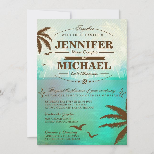 Tropical Teal Scenic Beach Wedding Invitations (Front)