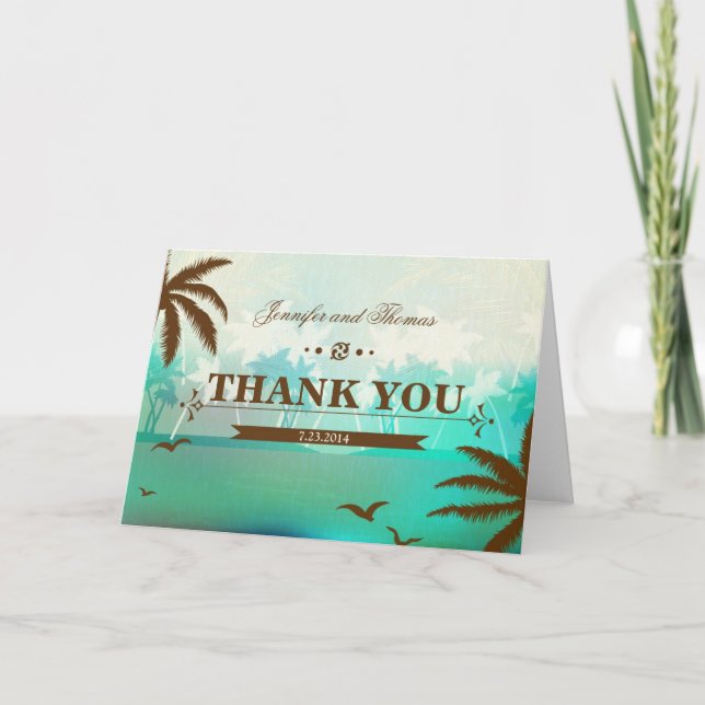 Tropical Teal Scenic Beach Wedding Thank You Card (Front)