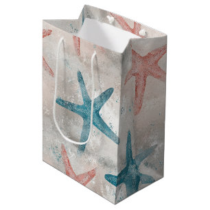 Tropical Teal Starfish Peach Sand Speckled Print Medium Gift Bag