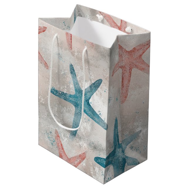 Tropical Teal Starfish Peach Sand Speckled Print Medium Gift Bag (Front Angled)