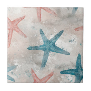 Tropical Teal Starfish Peach Sand Speckled Print Tile