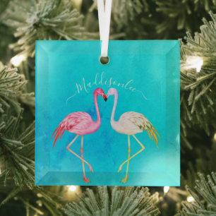 Tropical teal watercolor Monogram  Pink Flamingo   Glass Tree Decoration
