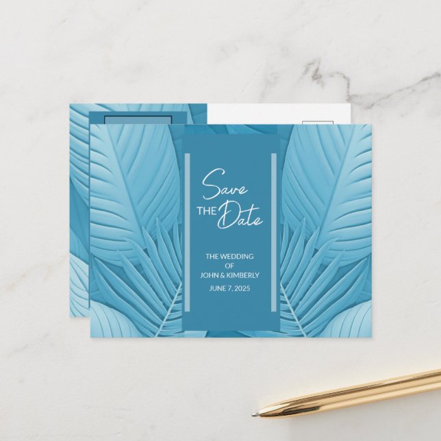 Tropical Teal Wedding Announcement Postcard (Front/Back In Situ)