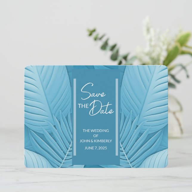 Tropical Teal Wedding Save The Date Photo Card (Standing Front)