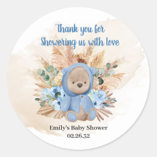 Tropical teddy bear pampas grass blue flowers baby classic round sticker