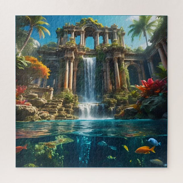 Tropical Temple Waterfall Lake of Fish Jigsaw Puzzle (Vertical)